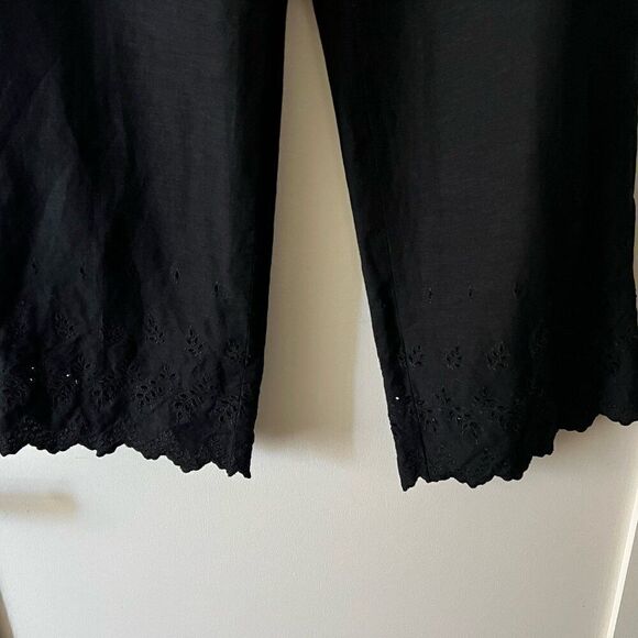 Ann Taylor Loft Pants 14 Womens Embroidered Scalloped Eyelet Bottom Black Linen - Picture 4 of 9